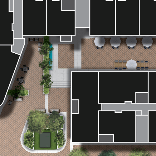 site plan drawing detail showing detailed landscaping and hardscaping renderings