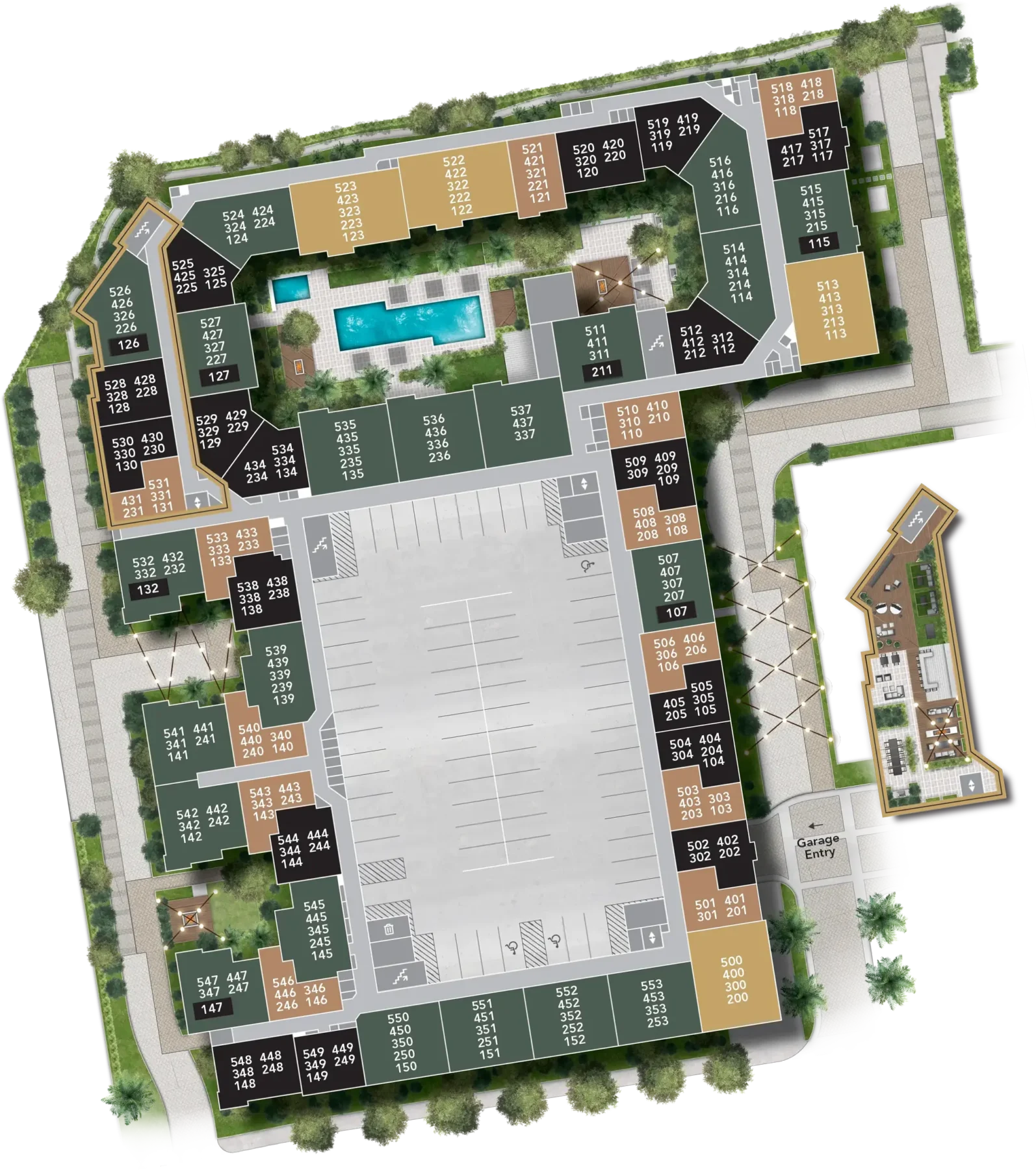 Site plan drawing of an apartment community with detailed landscape rendering and color coded unit types