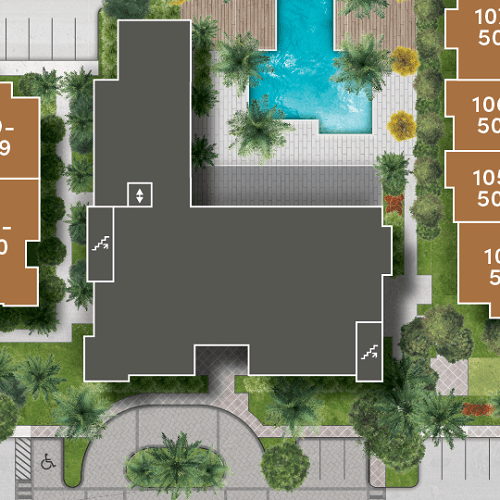 site plan drawing detail showing detailed landscaping and hardscaping renderings