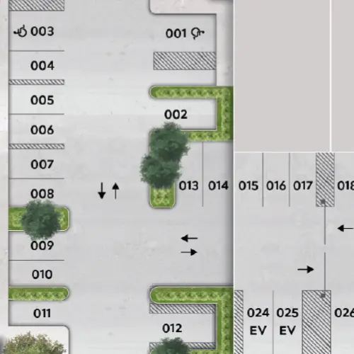 2D rendering of a site map highlighting numbered parking spaces