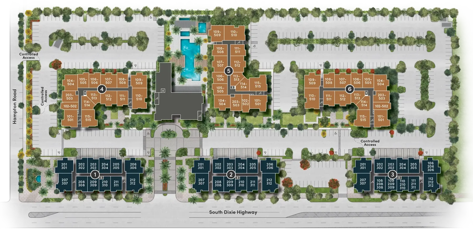 Site plan drawing of an apartment community with detailed landscape rendering and color coded unit types