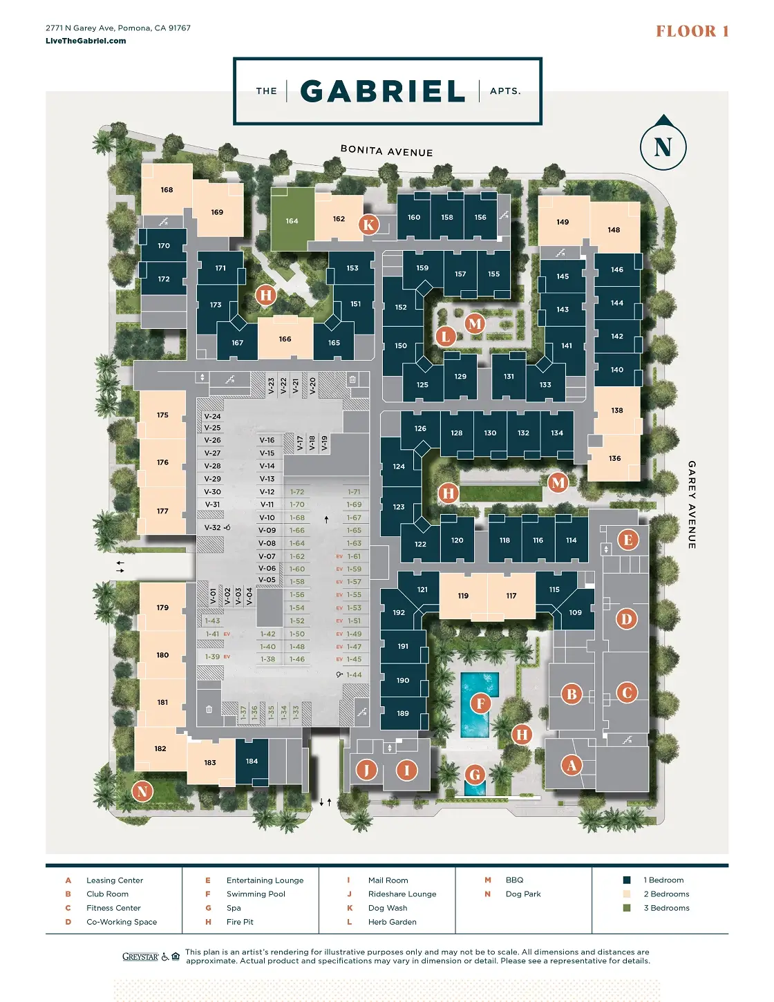 Site plane drawing of an apartment community with detailed landscape rendering and color coded unit types, and map key showing the locations of various amenities